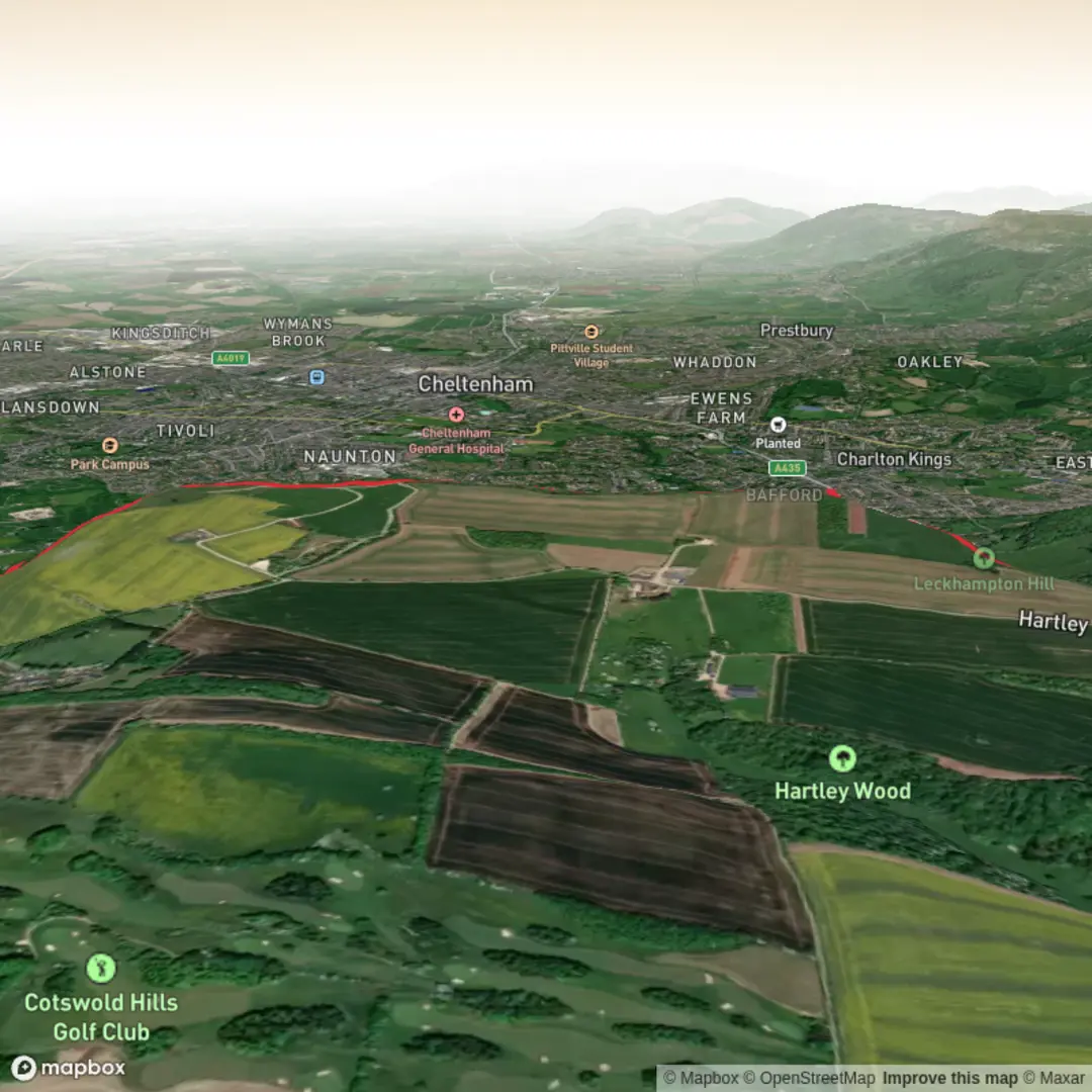 An image depicting the trail Charlton Kings to Leckhampton Hill and its surrounding area.