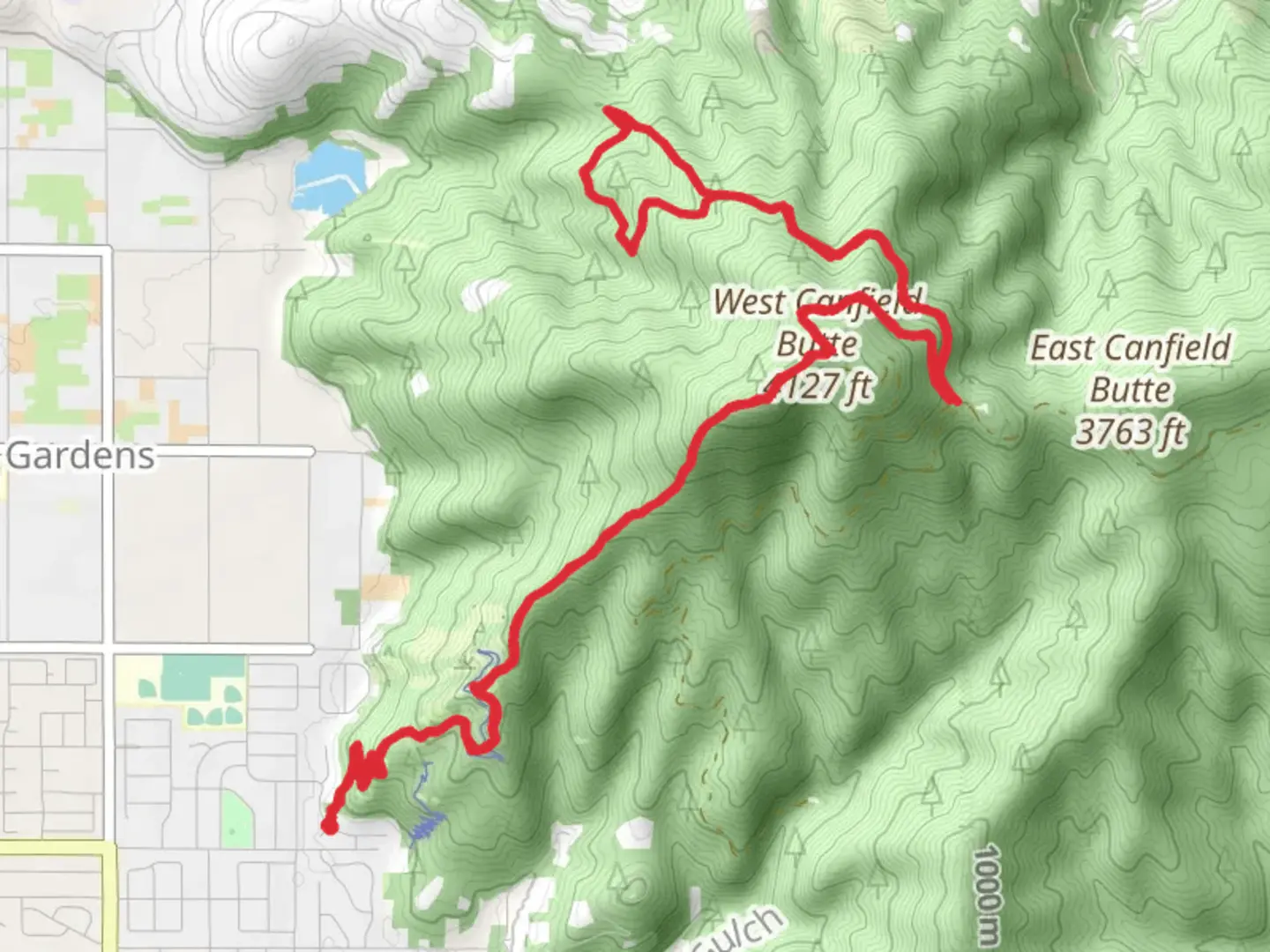An image depicting the trail West Canfield Butte via Trail 1 and Trail D and its surrounding area.