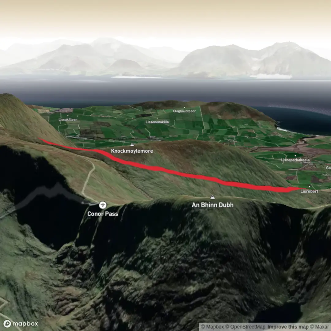 An image depicting the trail Route to Baile Ristin and Lisdargan and its surrounding area.