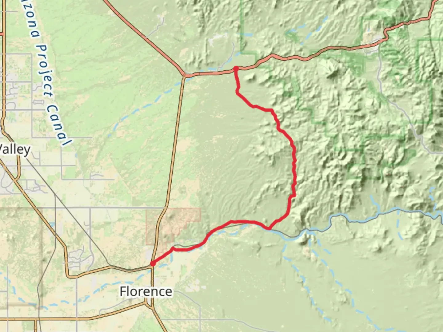 An image depicting the trail North Pinal Parkway to North Mineral Mountain Road and its surrounding area.