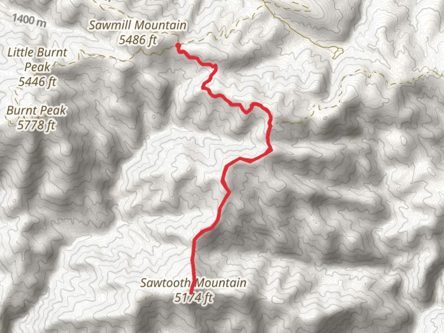 An image depicting the trail Sawtooth Mountain via Sawmill Motor Way and its surrounding area.