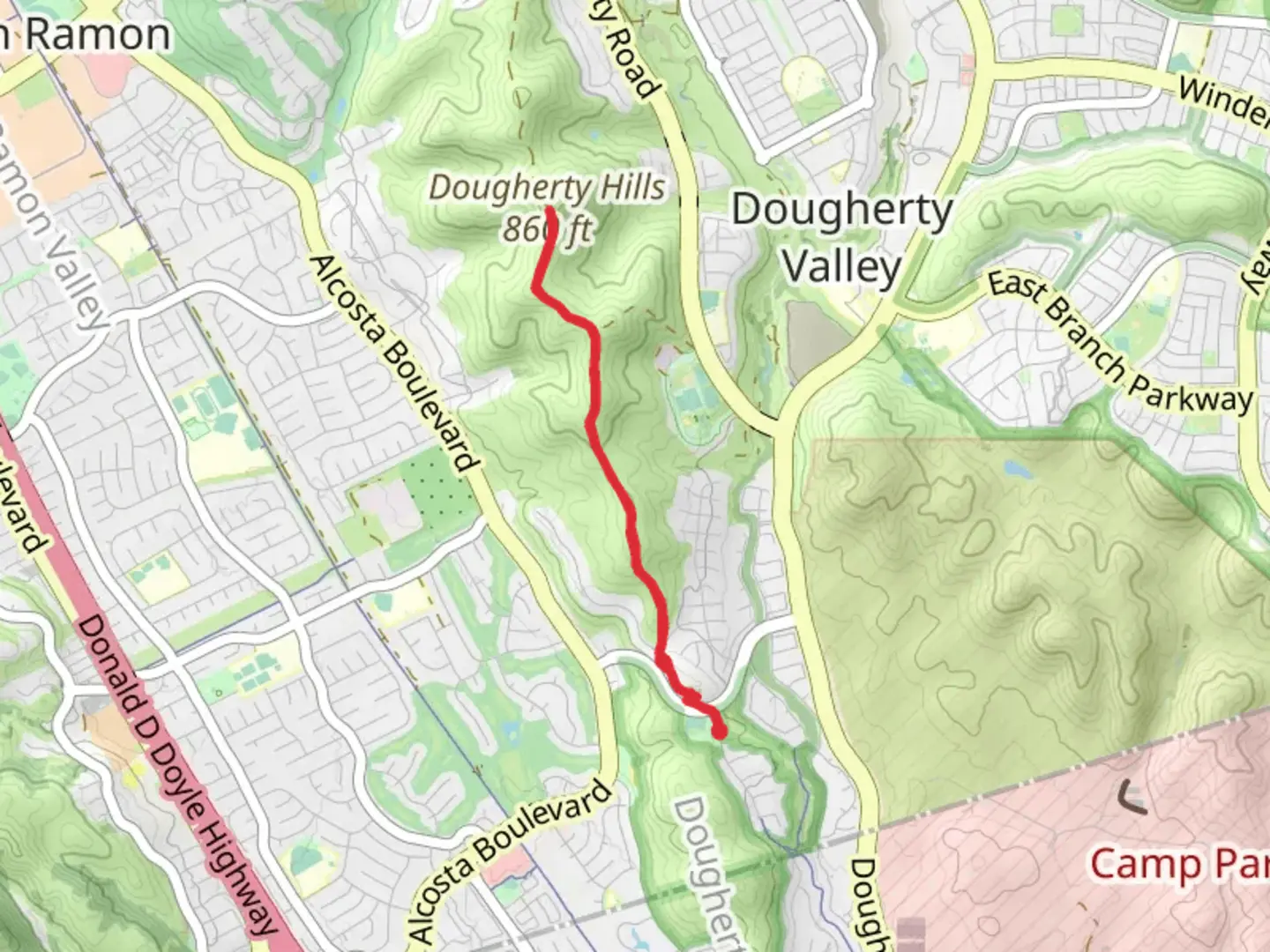An image depicting the trail Dougherty Hills from Vista Monte Road and its surrounding area.