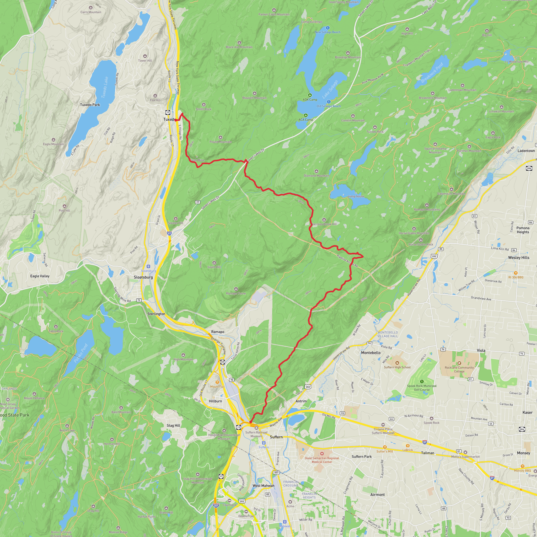 Suffern to Tuxedo via Suffern Bear Mountain Trail mobile static map