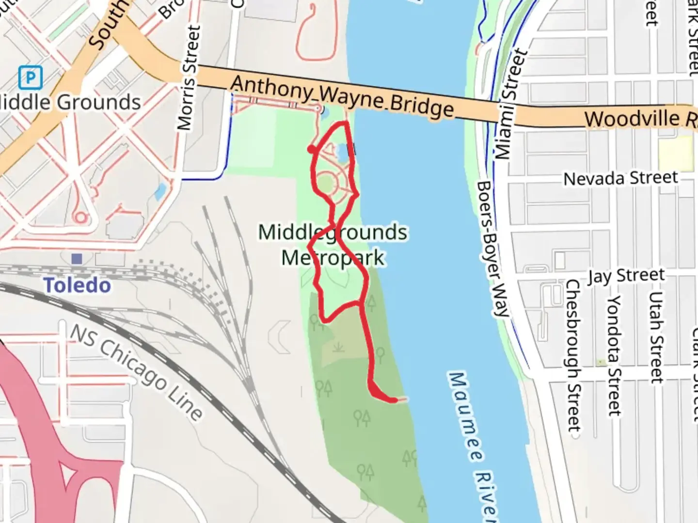 An image depicting the trail Middlegrounds Metropark Loop and its surrounding area.