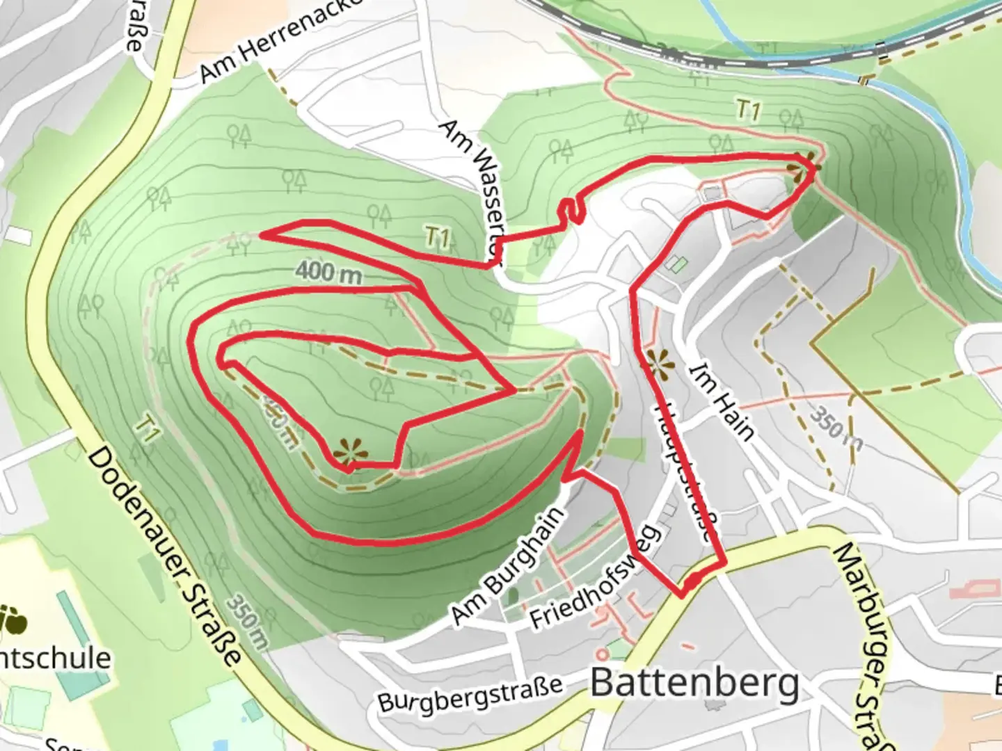 An image depicting the trail Hügelchen and Burgberg Loop via Philosphenweg and its surrounding area.