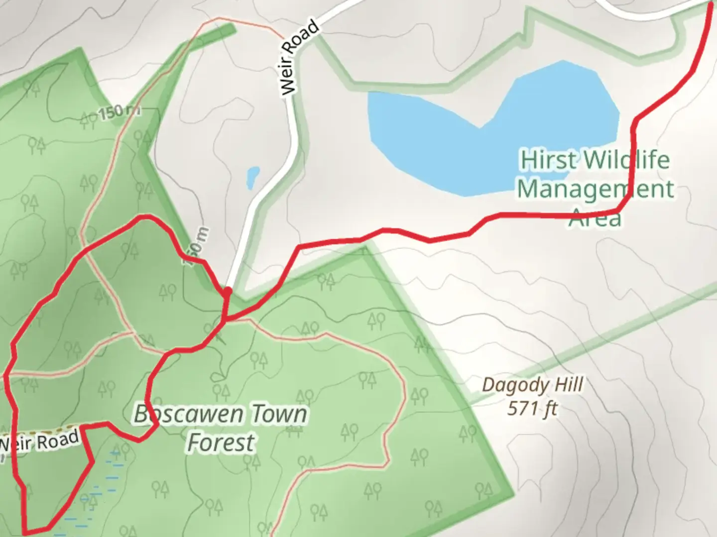 An image depicting the trail Boscawen Town Forest via Colby Trail and its surrounding area.