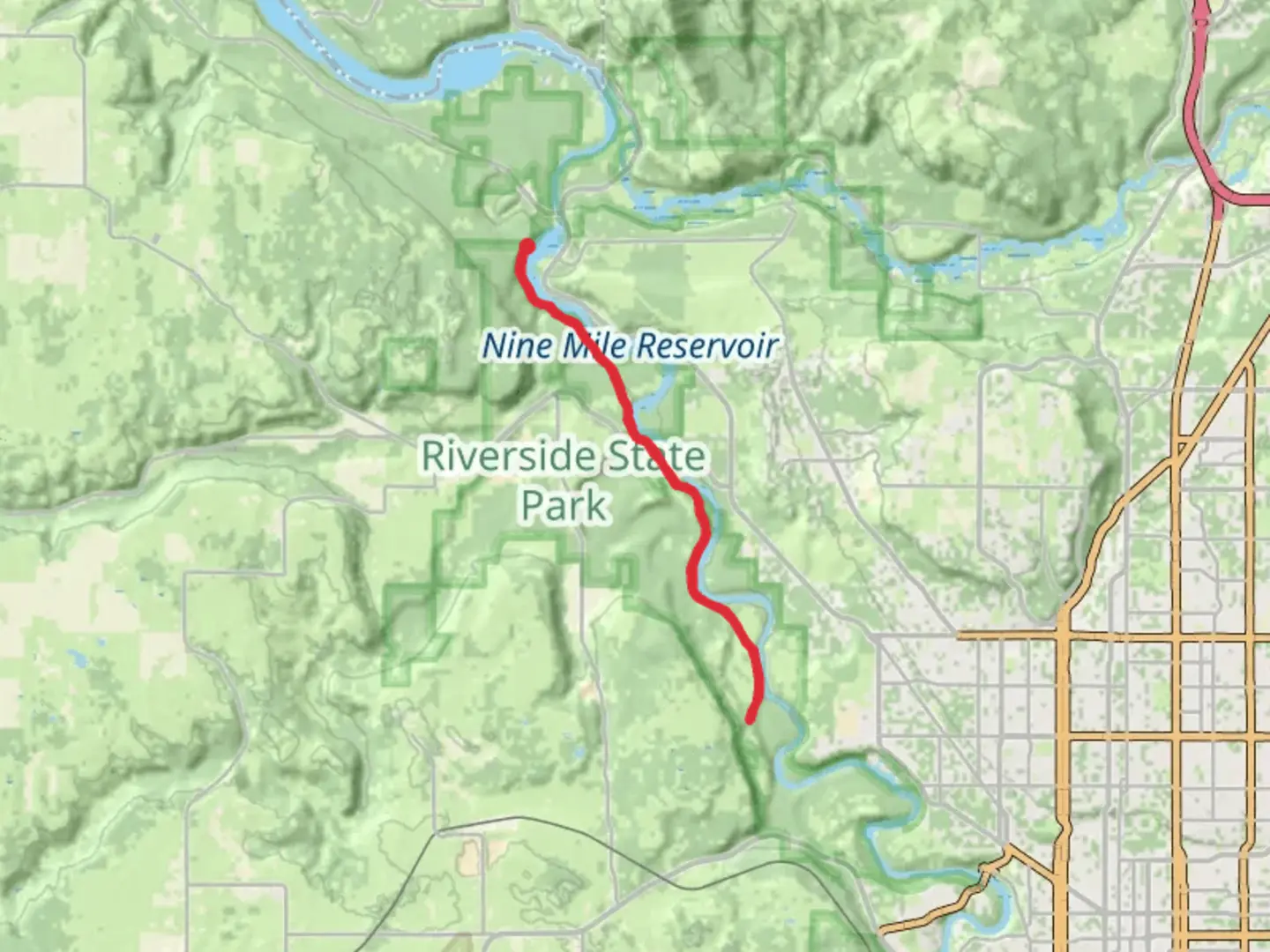 An image depicting the trail Centennial Trail Out and Back and its surrounding area.