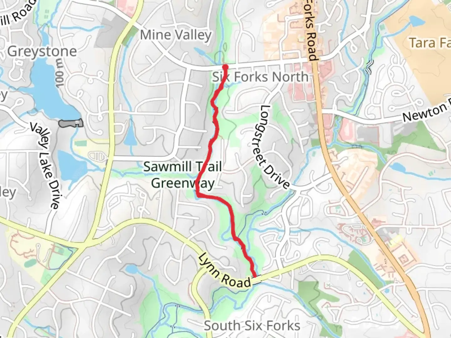 An image depicting the trail Mine Creek Trail from Sawmill Road and its surrounding area.