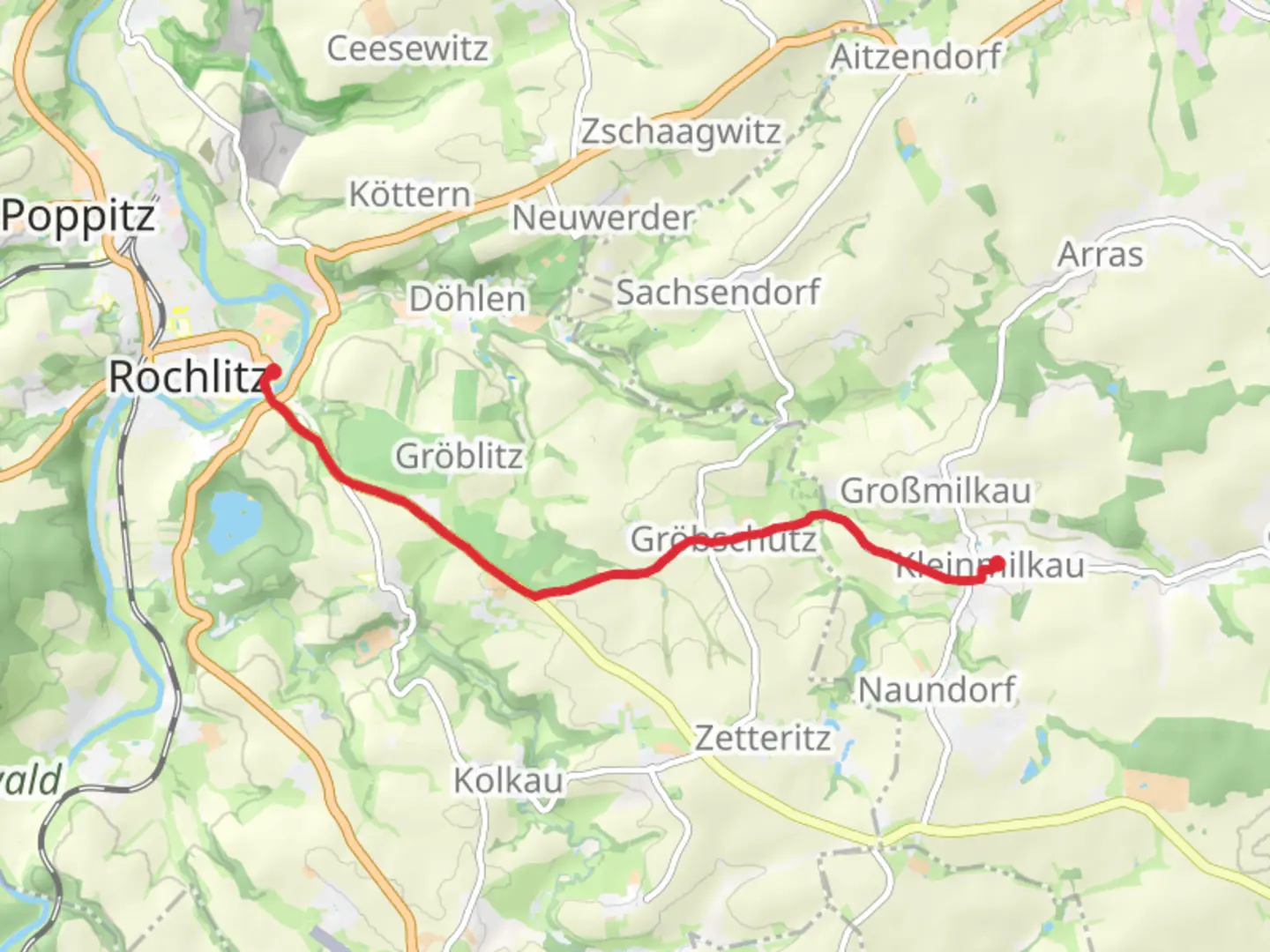An image depicting the trail Kleinmilkau to Rochlitz Walk and its surrounding area.