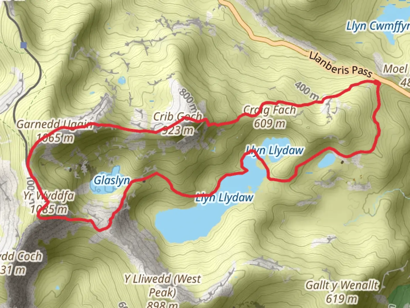 An image depicting the trail Snowdon - Pyg, Crib Goch, Miners and its surrounding area.