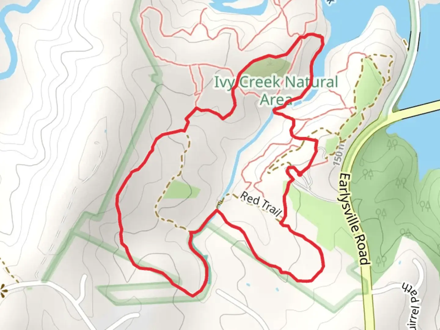 An image depicting the trail Red, Green and Yellow Trail Loop and its surrounding area.