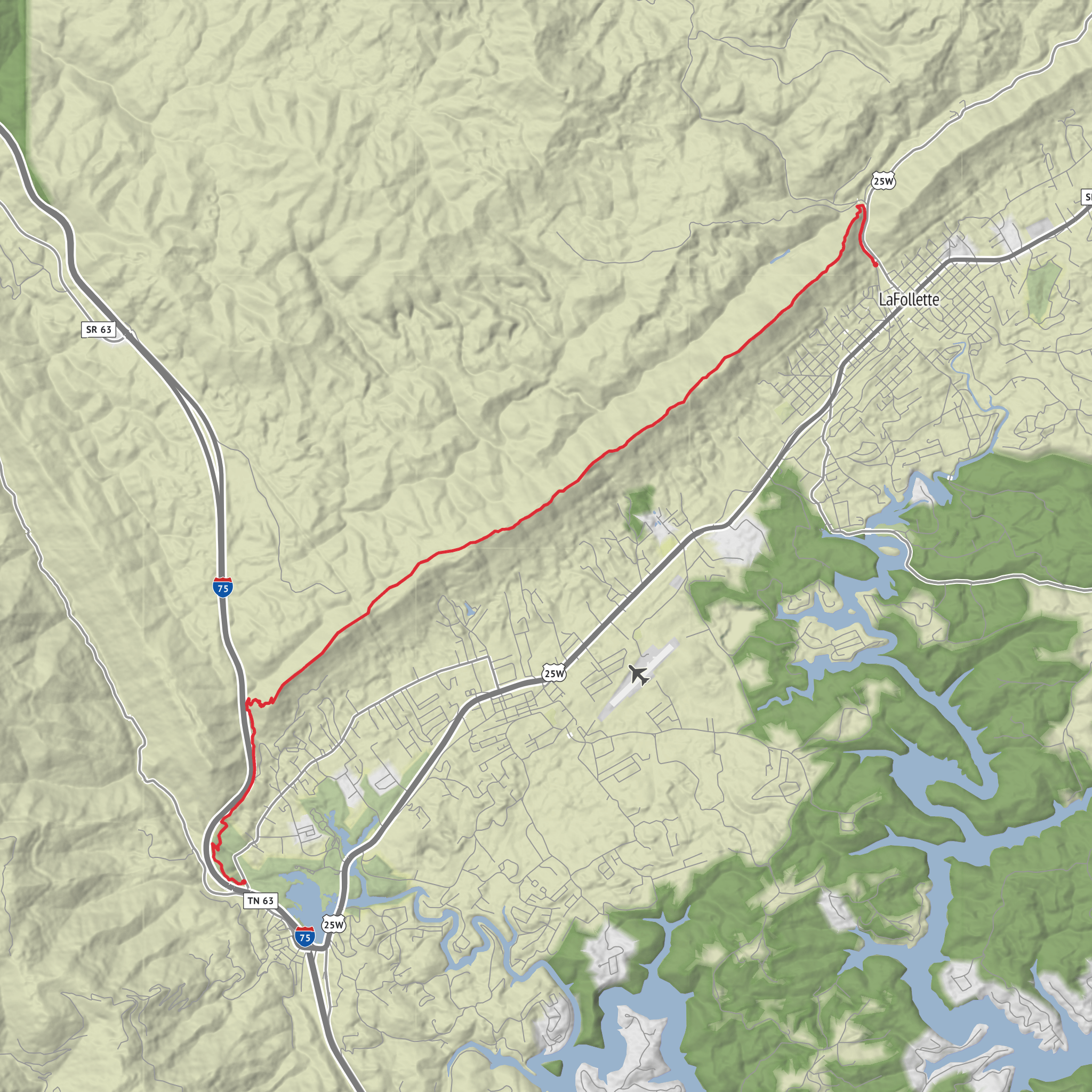 LaFollette to Cove Lake State Park via Volunteer Loop, Tank Springs and Eagle Bluff mobile static map