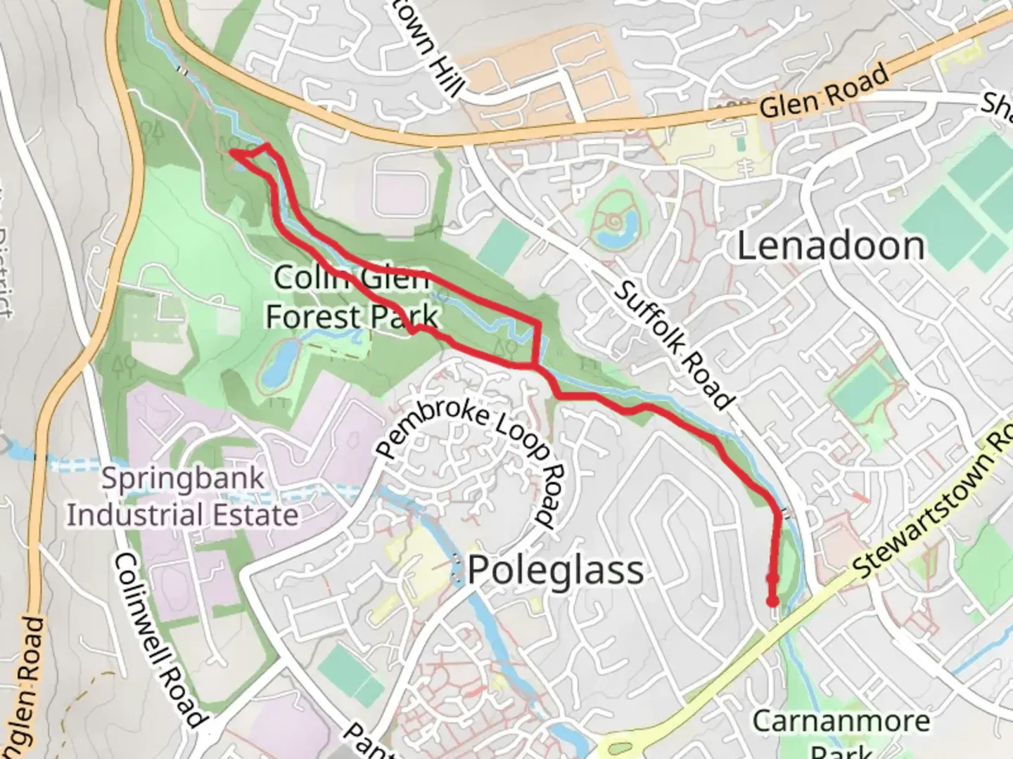 An image depicting the trail Colin Glen Loop and its surrounding area.