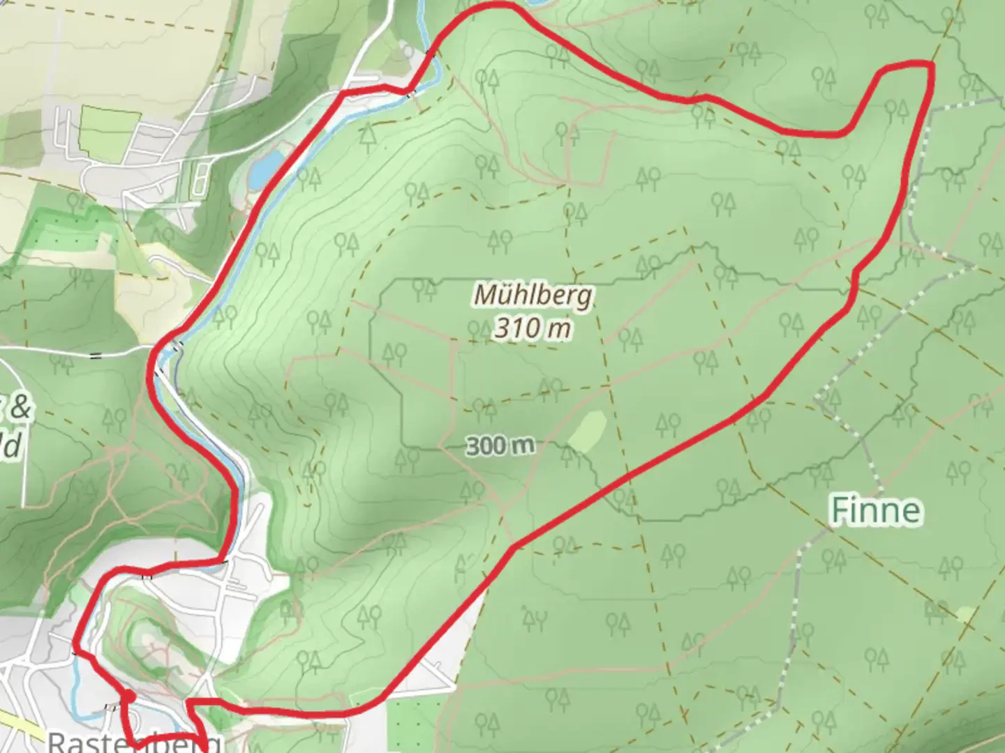 An image depicting the trail Finnewanderweg Variante and Naturlehpfad Rastenberg and its surrounding area.