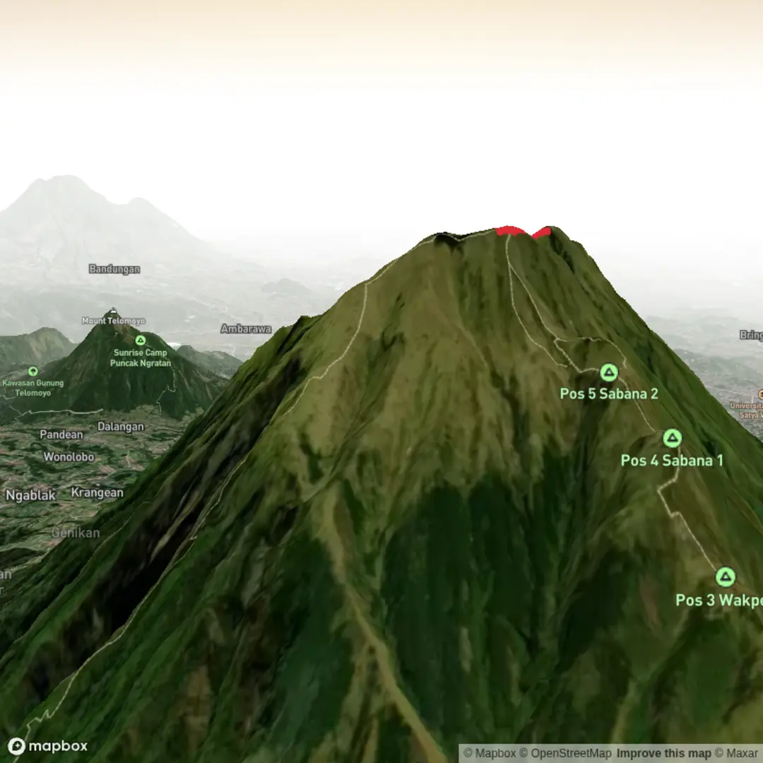 An image depicting the trail Merbabu via Thekelan and its surrounding area.