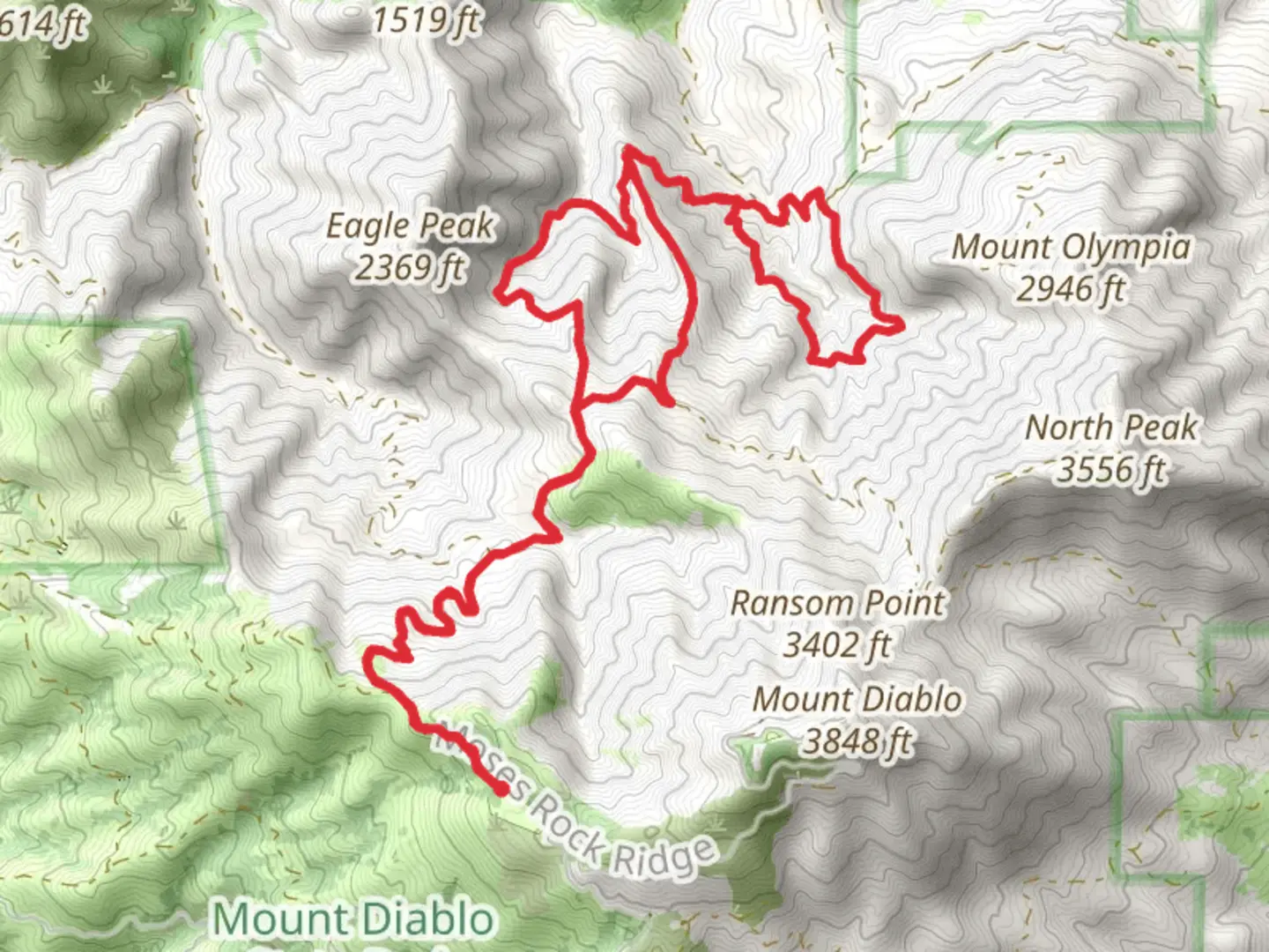 An image depicting the trail Meridian Ridge Road, Back Creek and Falls Loop Trail and its surrounding area.