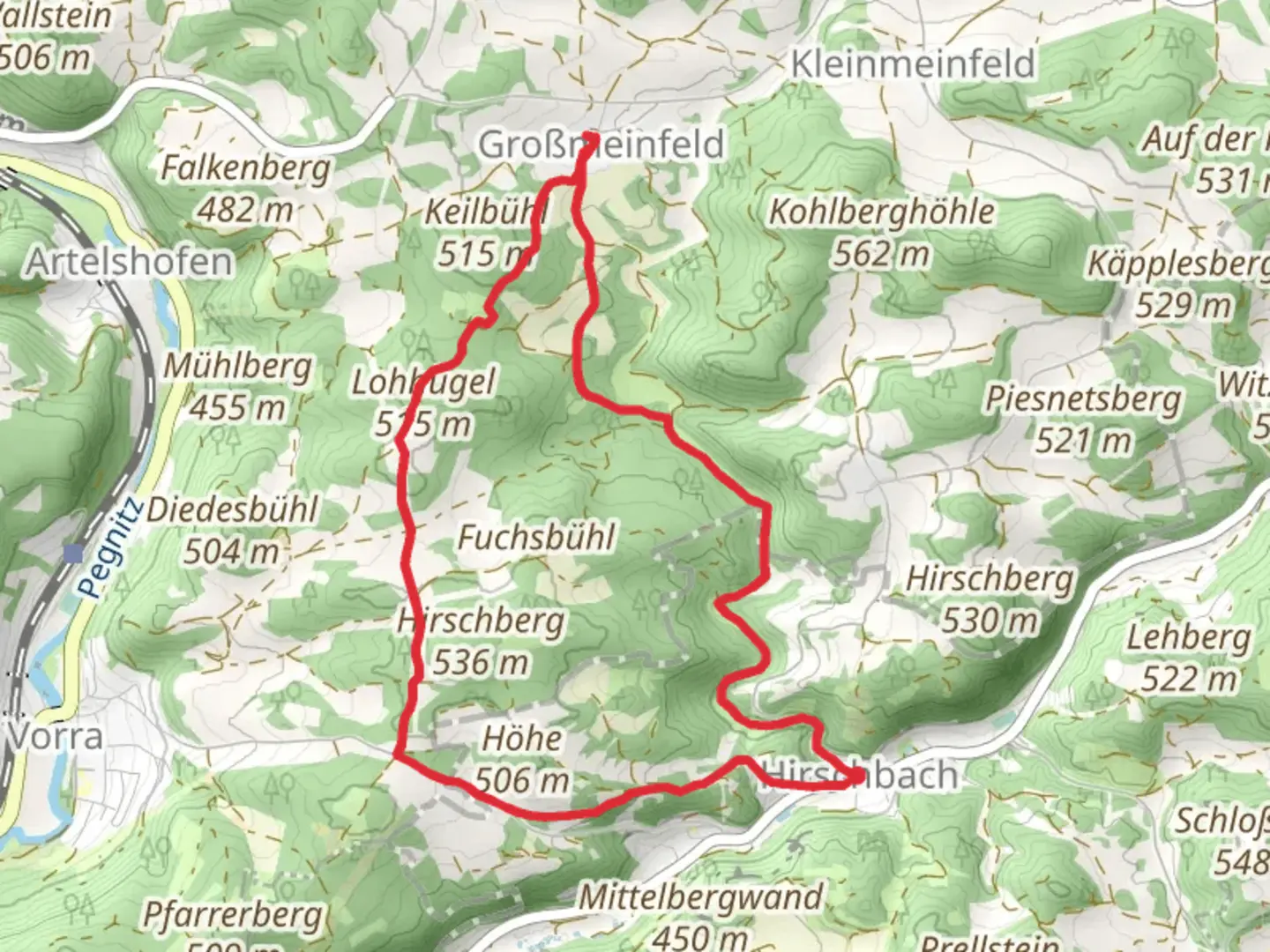 An image depicting the trail Lohhügel via Korbmachersteig and Heinrich and its surrounding area.