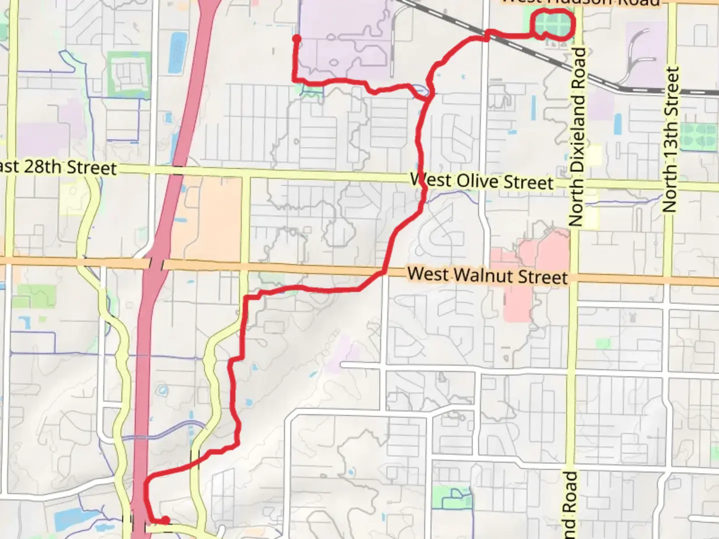 An image depicting the trail Cambridge Trail and Railyard Loop and its surrounding area.