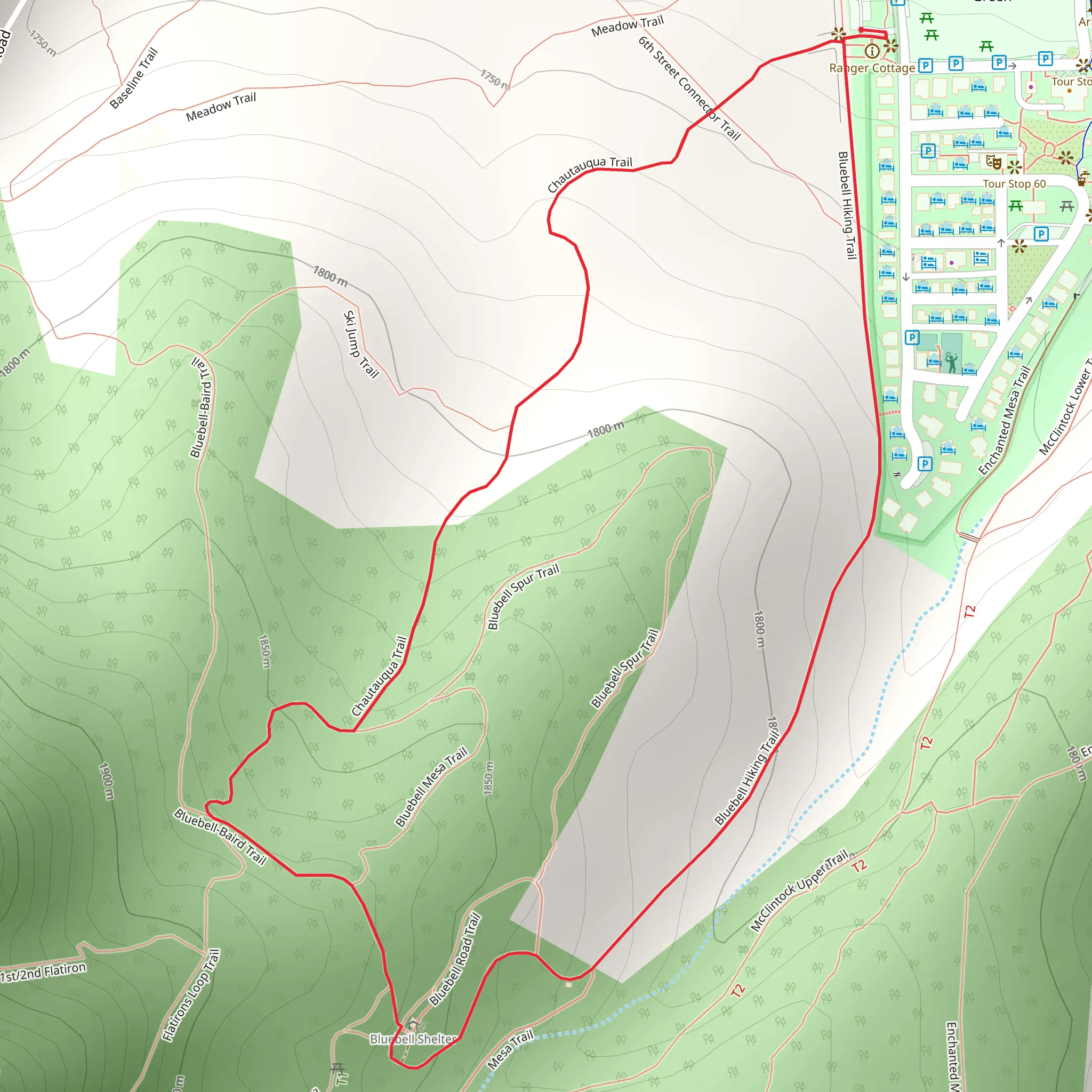 Chautauqua and Bluebell Hiking Loop Trail mobile static map