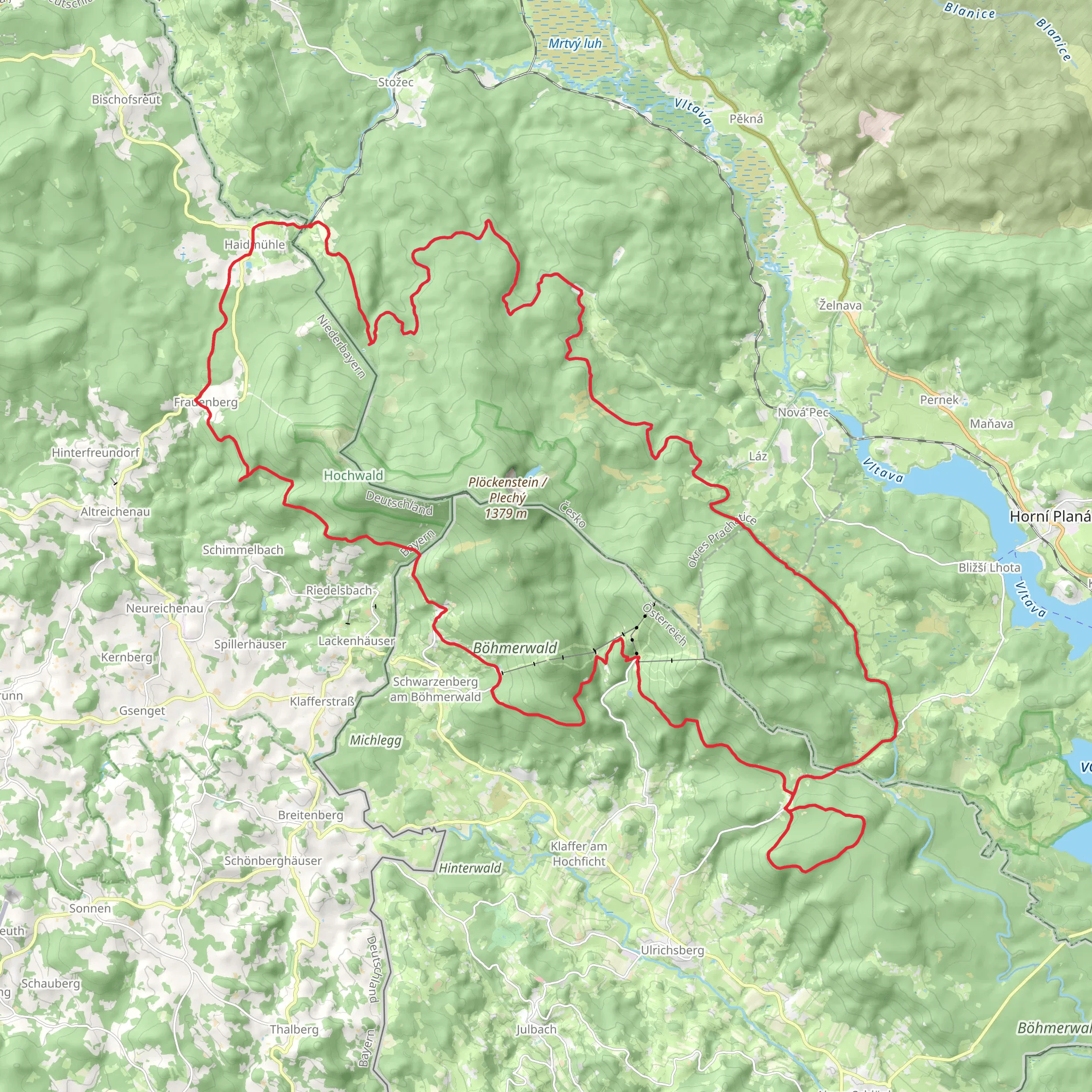 Frauenberger Steig, Nordwaldkammweg, Schwarzenbersky Kanal and Stezka Ceskem - Sumava Loop mobile static map