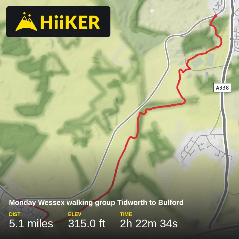 A map preview of the recording Monday Wessex walking group Tidworth to Bulford.