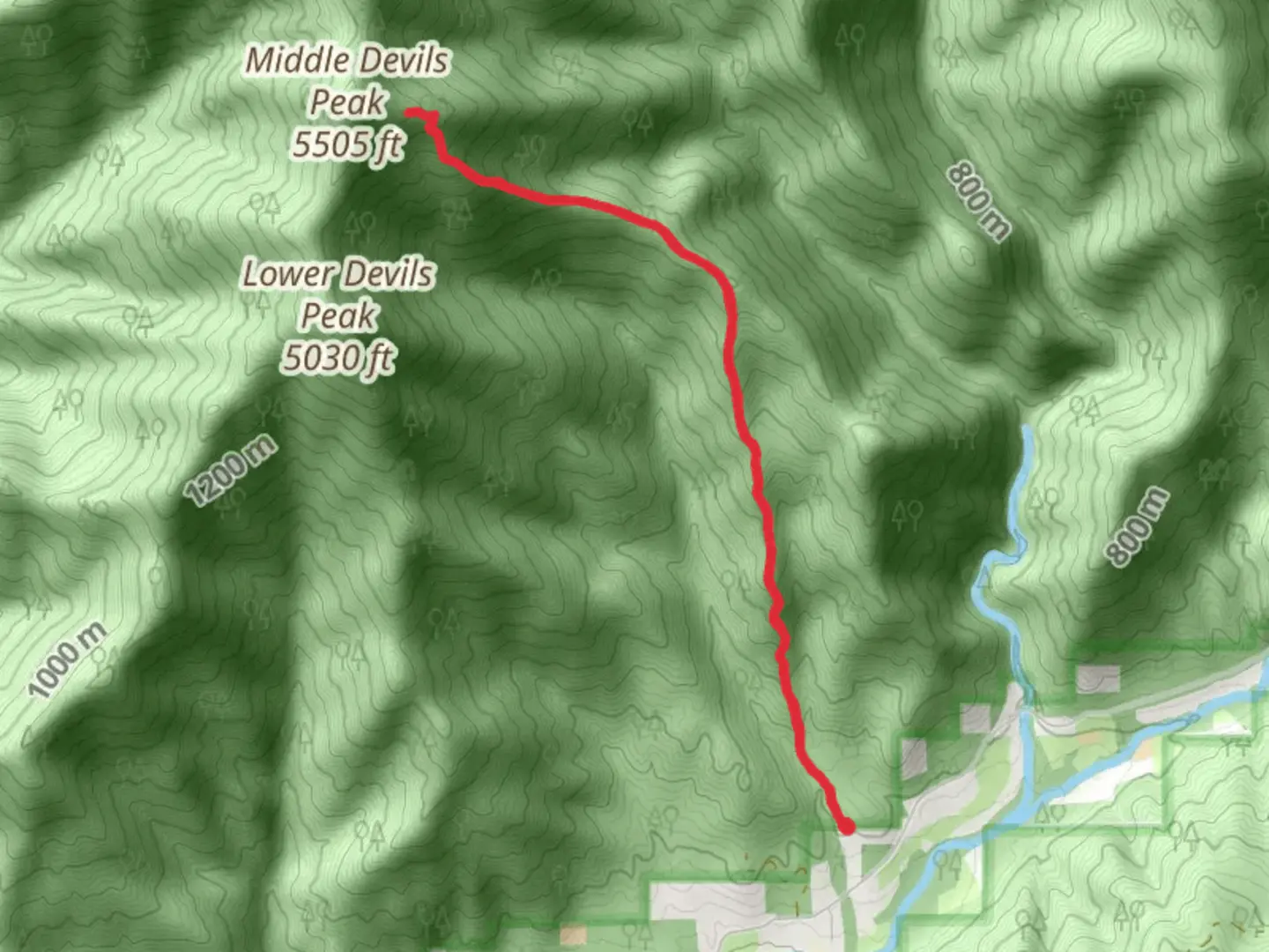 An image depicting the trail Darkey Creek to Middle Devils Peak Trail and its surrounding area.