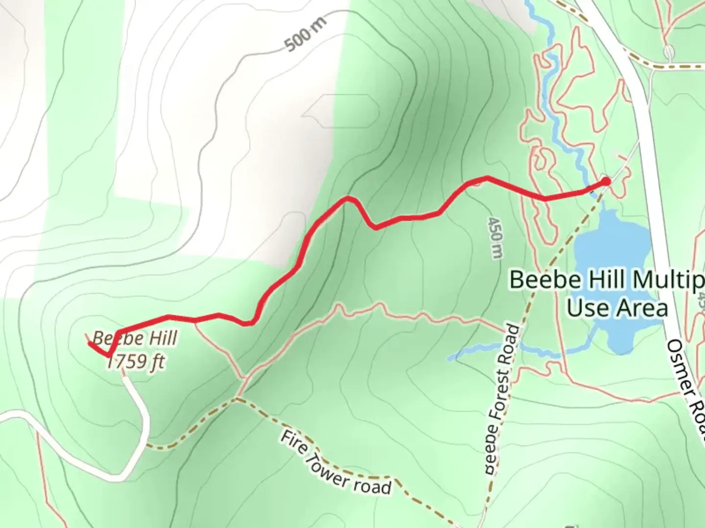 An image depicting the trail Beebe Hill in Beebe Hill Multiple use Area and its surrounding area.