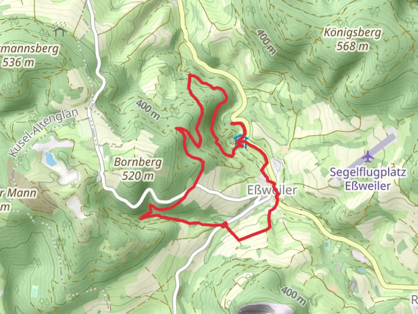 An image depicting the trail Eßweiler Loop via Ruine Sprengelburg and its surrounding area.