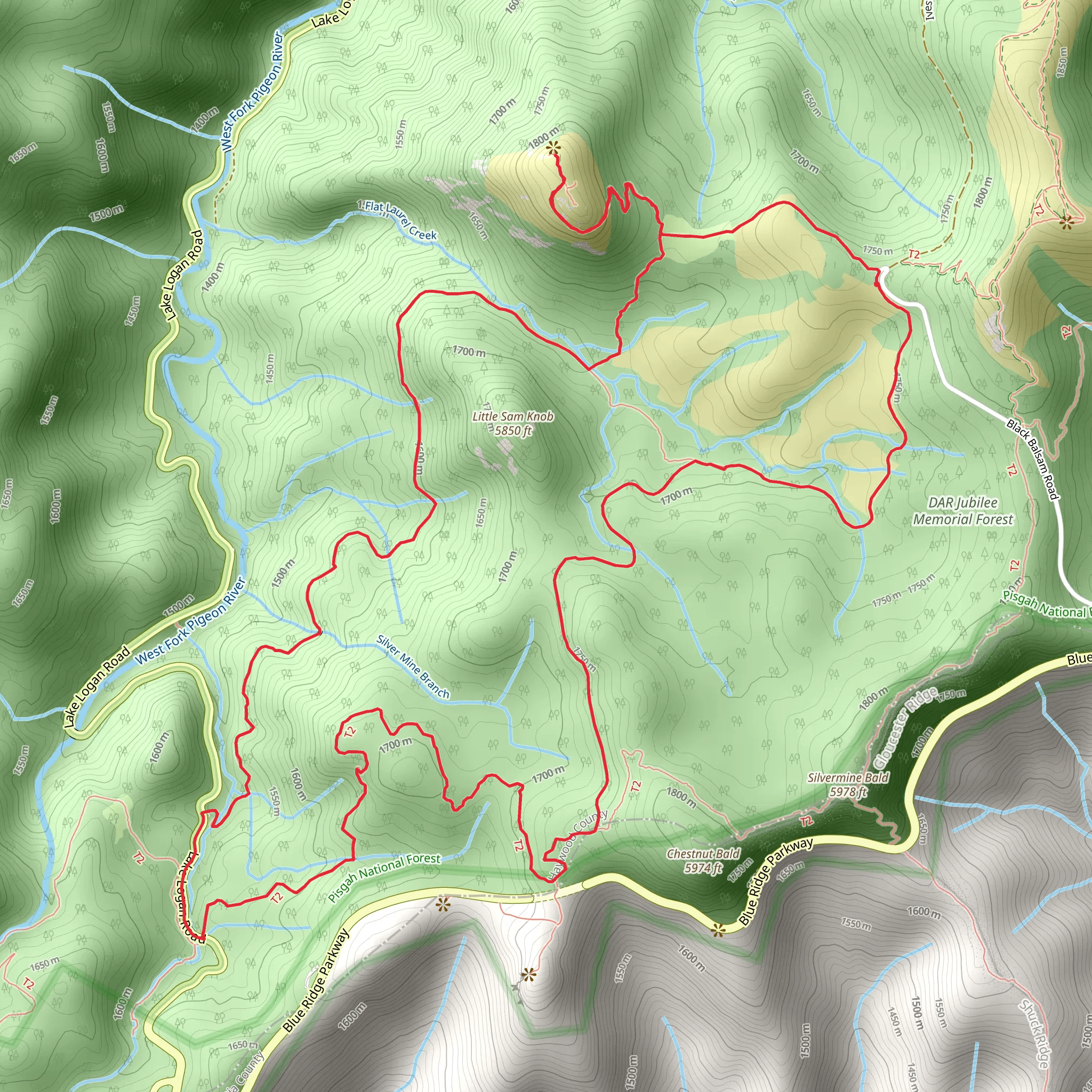 Sam Knob, Flat Laurel Creek, Mountains-to-Sea and Little Sam Loop Trail mobile static map