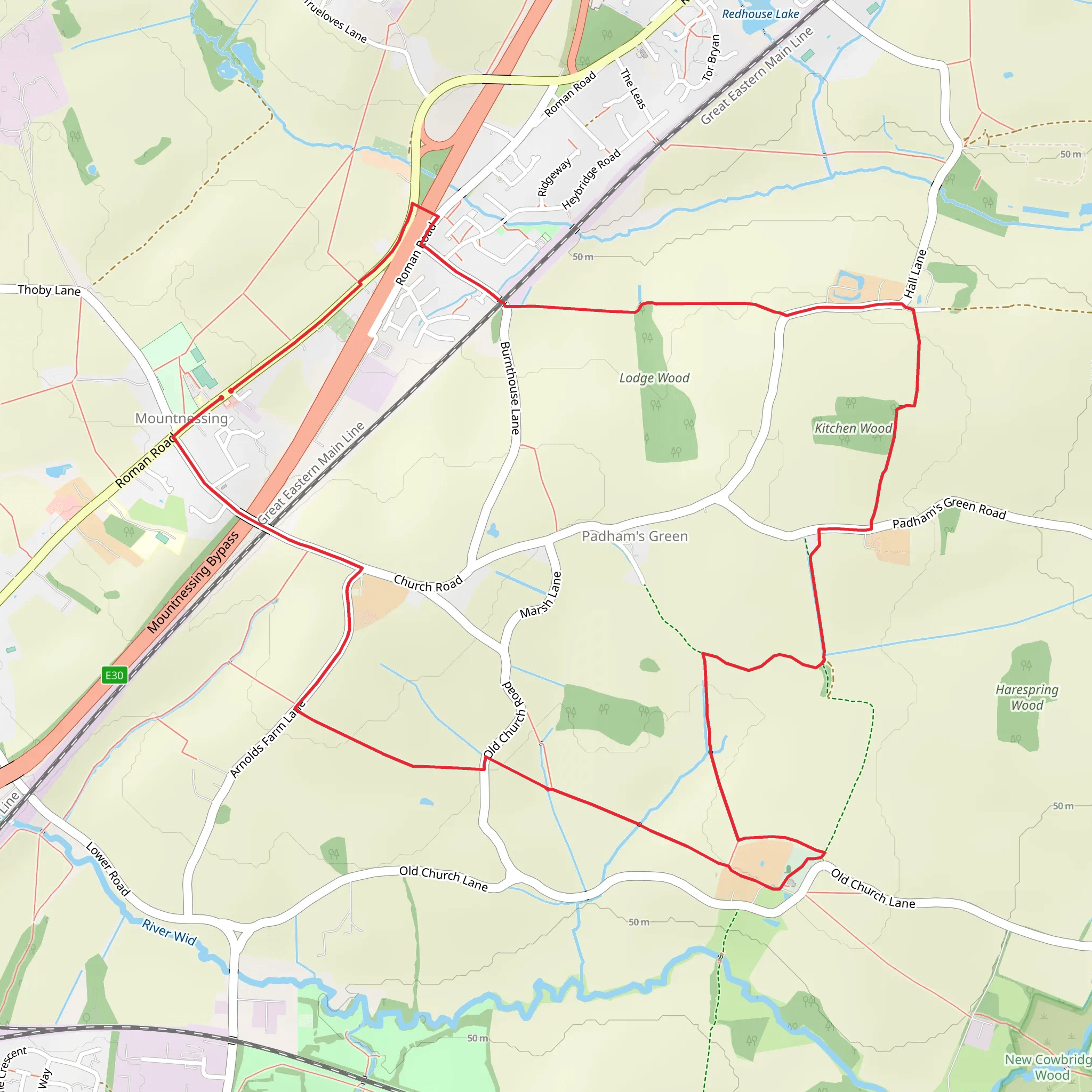 Padham's Green, Kitchen Wood and Lodge Wood Loop mobile static map