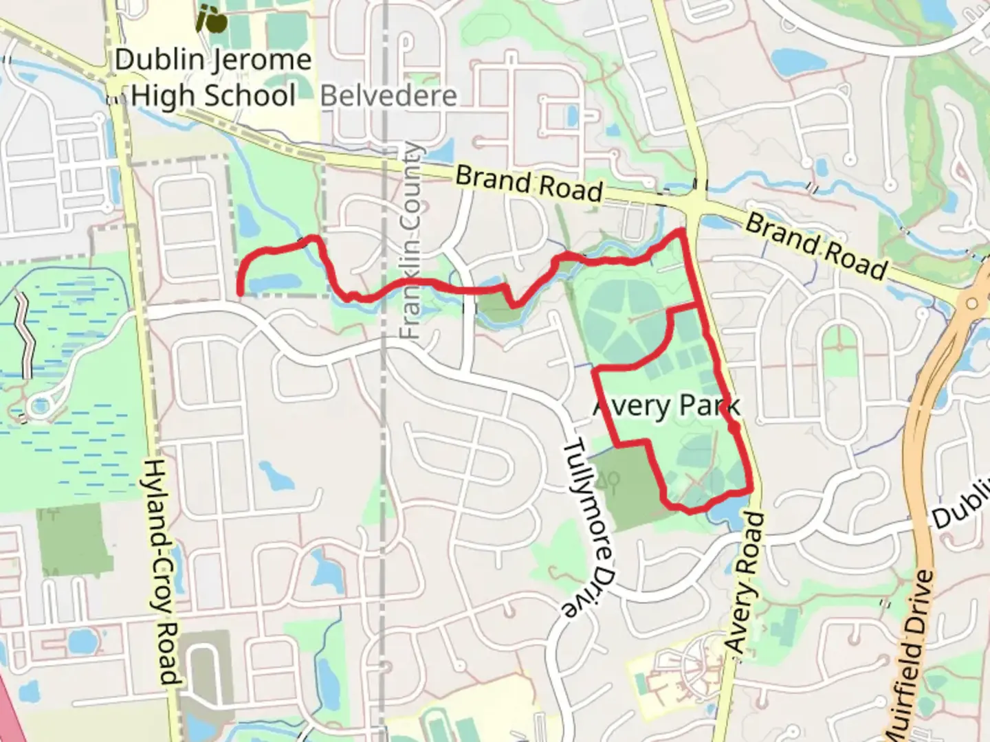 An image depicting the trail Avery Park and Bishop's Run Park Walk and its surrounding area.