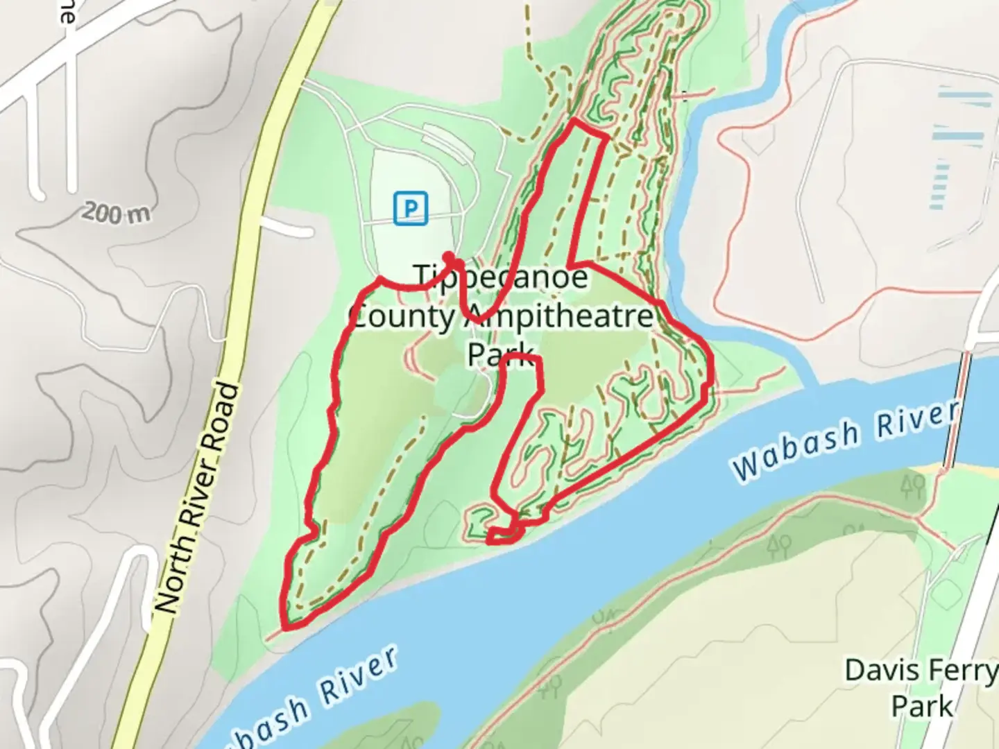 An image depicting the trail Tippecanoe County Ampitheatre Park Loop and its surrounding area.