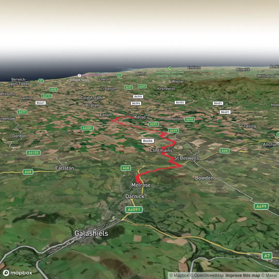 An image depicting the trail Border Abbeys Way Melrose to Kelso and its surrounding area.