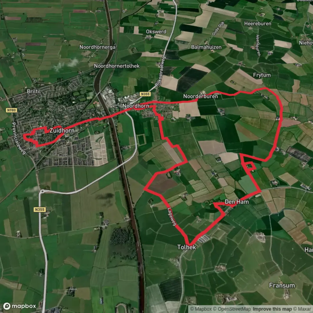 An image depicting the trail Ijsbaan, Piloersemaborg and Noordhorn Loop and its surrounding area.