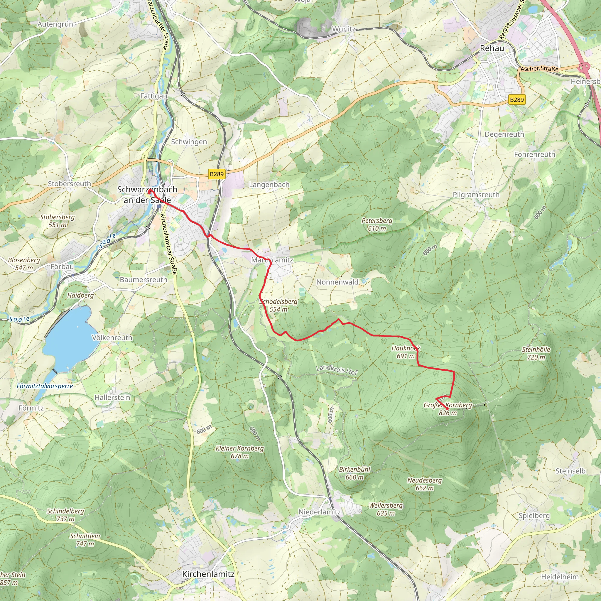 Schwarzenbach to Großer Kornberg via Oberkotzau-Kornberg mobile static map