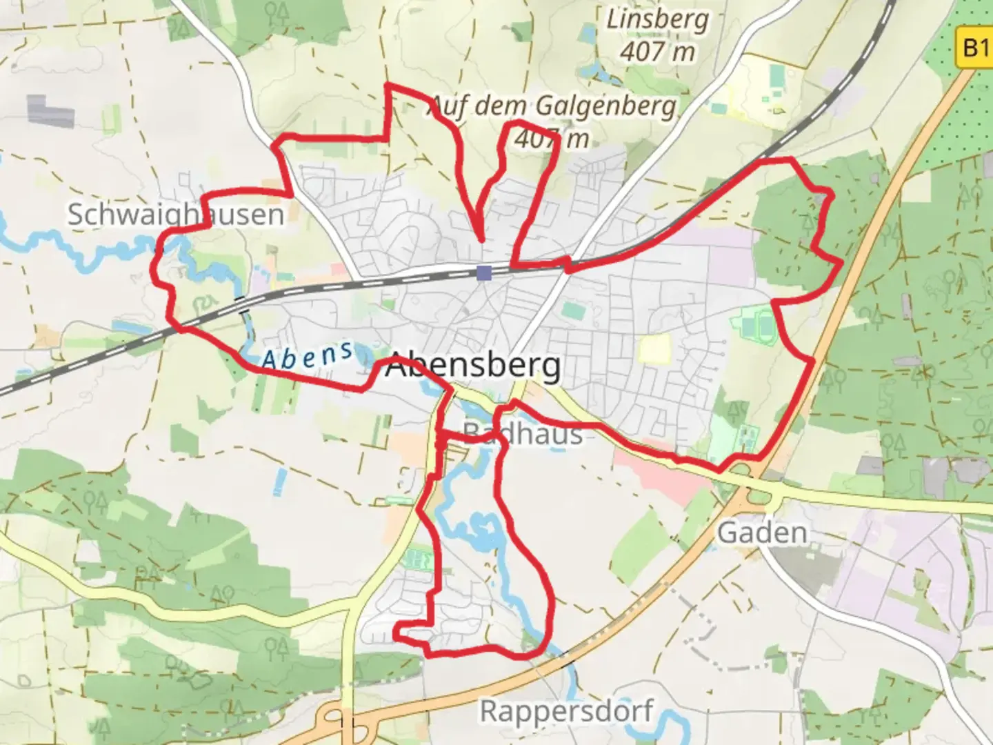An image depicting the trail Abensberg Loop via Auf Dem Galgenberg and its surrounding area.