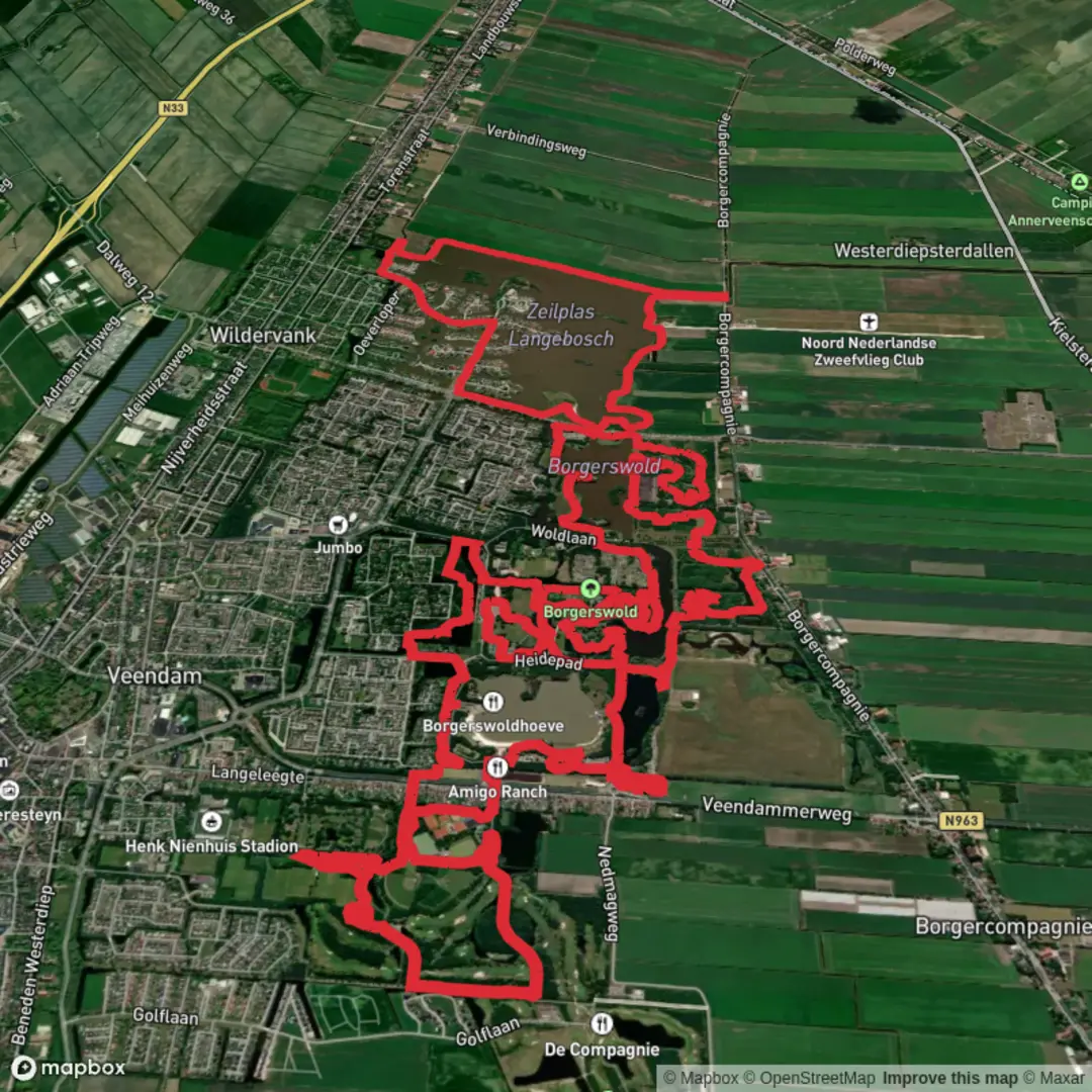 An image depicting the trail Borgerswold and Zeilplas Langebosch Loop and its surrounding area.
