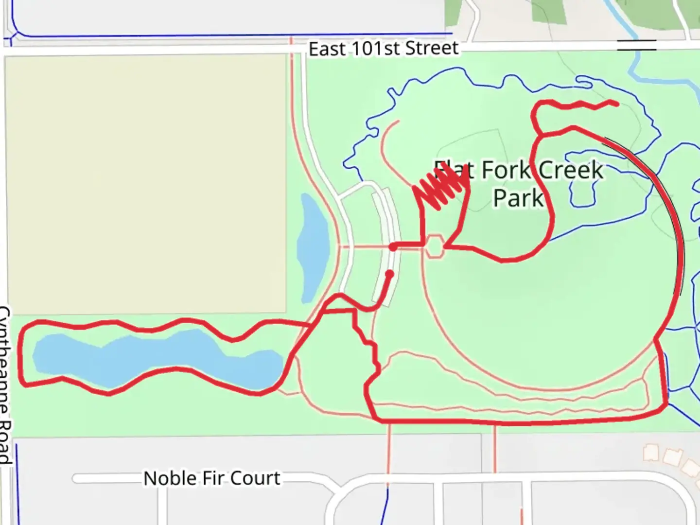 An image depicting the trail Flat Fork Creek Park Loop and its surrounding area.