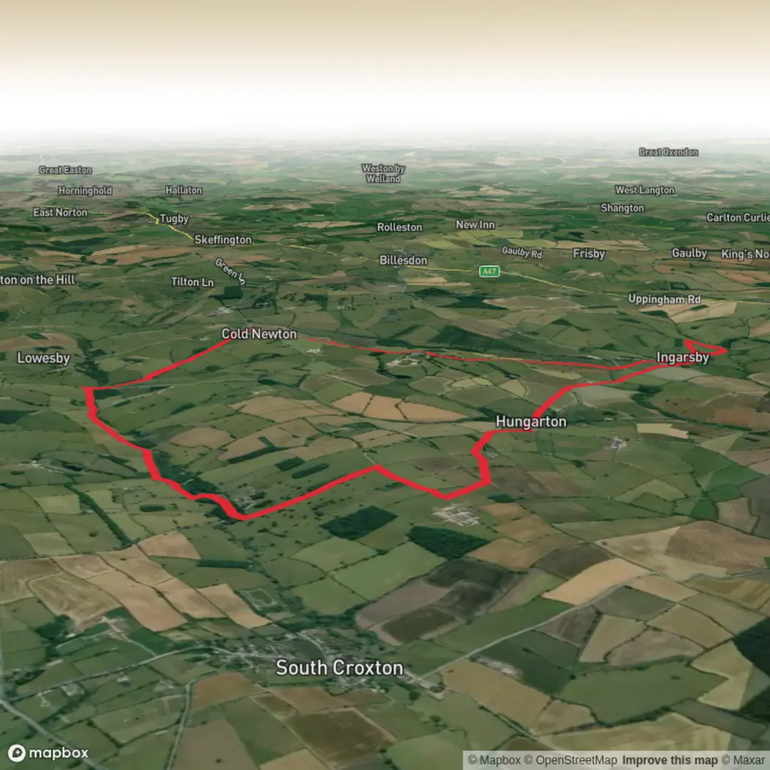 An image depicting the trail Hungarton Park, Baggrave Park, Quenby Park and Ingarsby Hall Loop and its surrounding area.