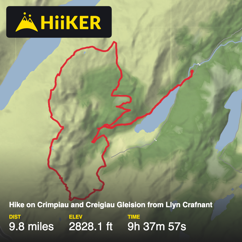 A map preview of the recording Hike on Crimpiau and Creigiau Gleision from Llyn Crafnant.