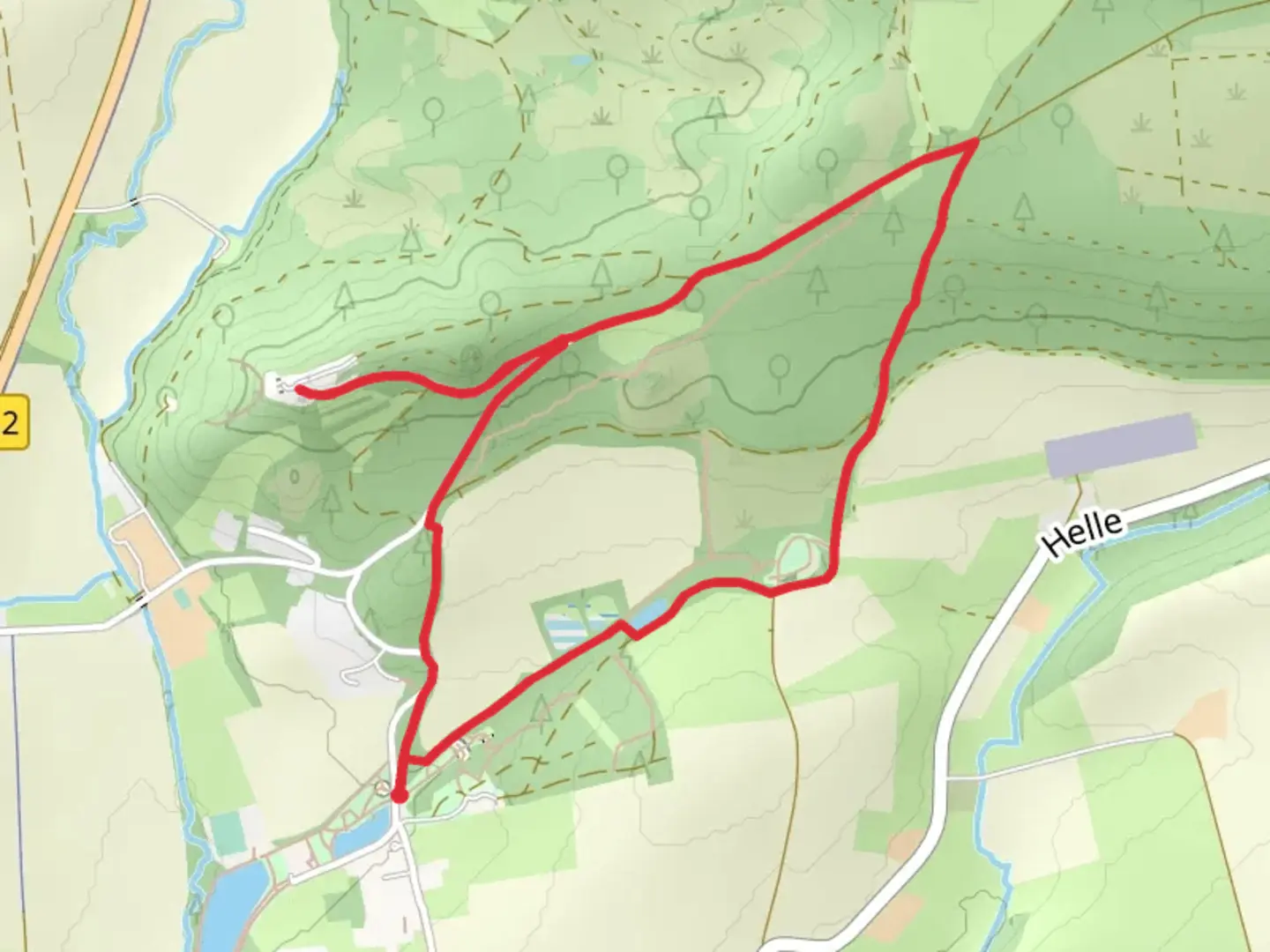 An image depicting the trail Schloss Hinnenburg via Brakeler Bergland and its surrounding area.