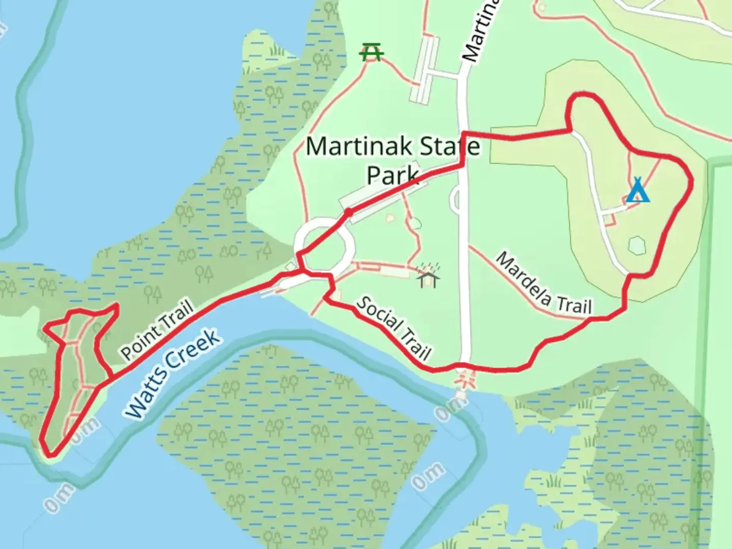 An image depicting the trail Martinak State Park Road Loop and its surrounding area.