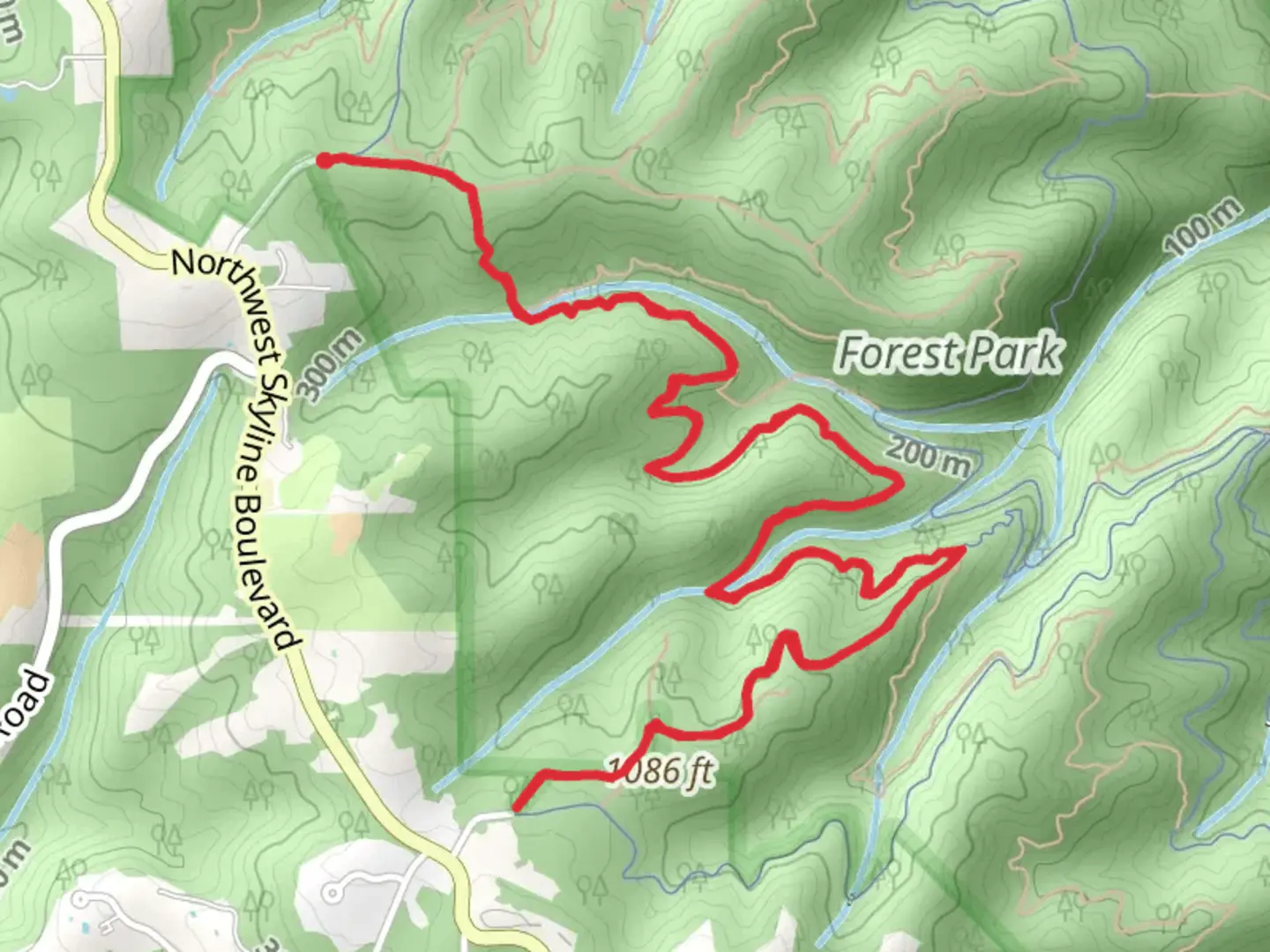 An image depicting the trail Wildwood Trail and Northwest Firelane 5 Road and its surrounding area.