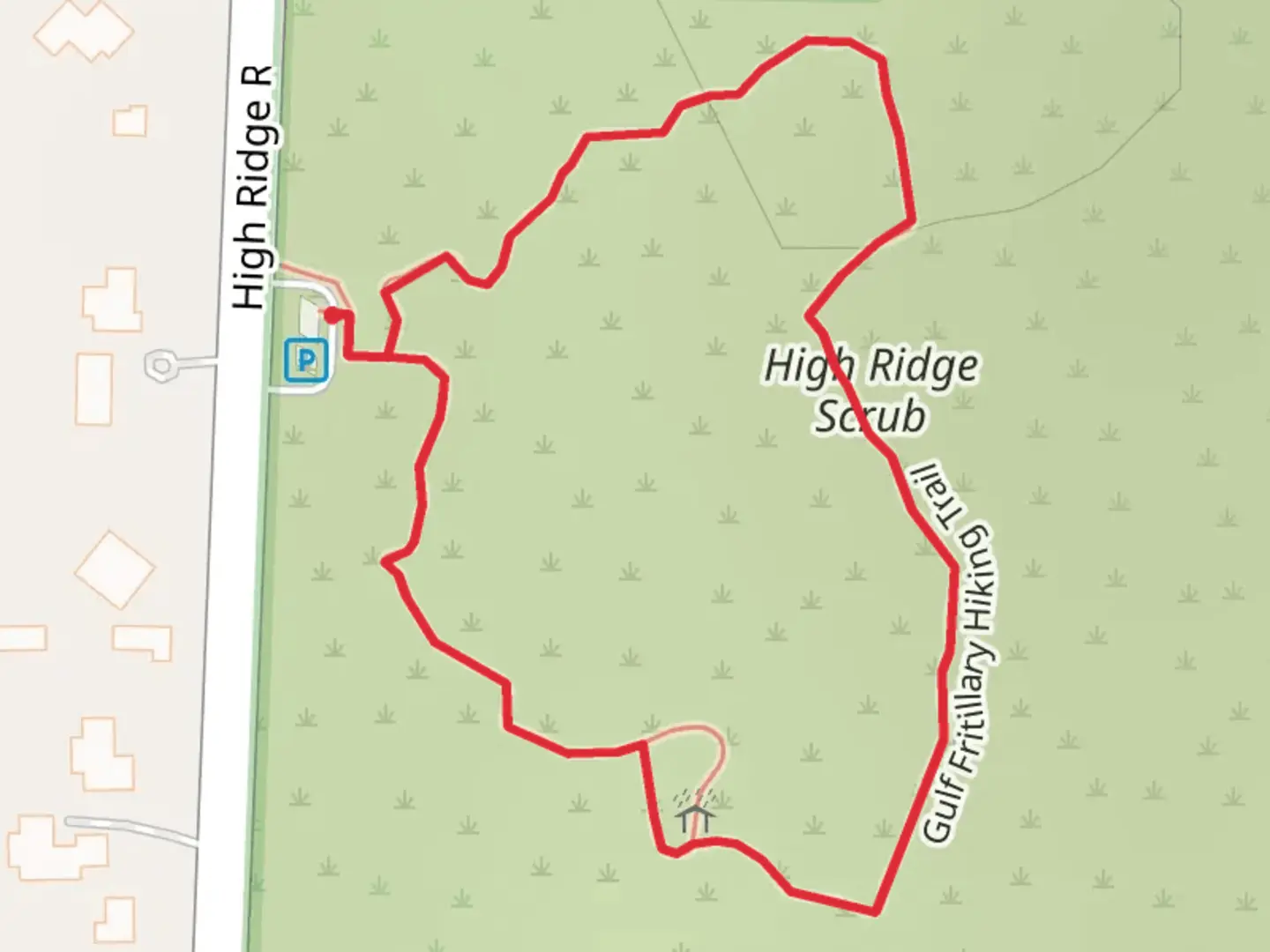An image depicting the trail High Ridge Scrub Loop and its surrounding area.