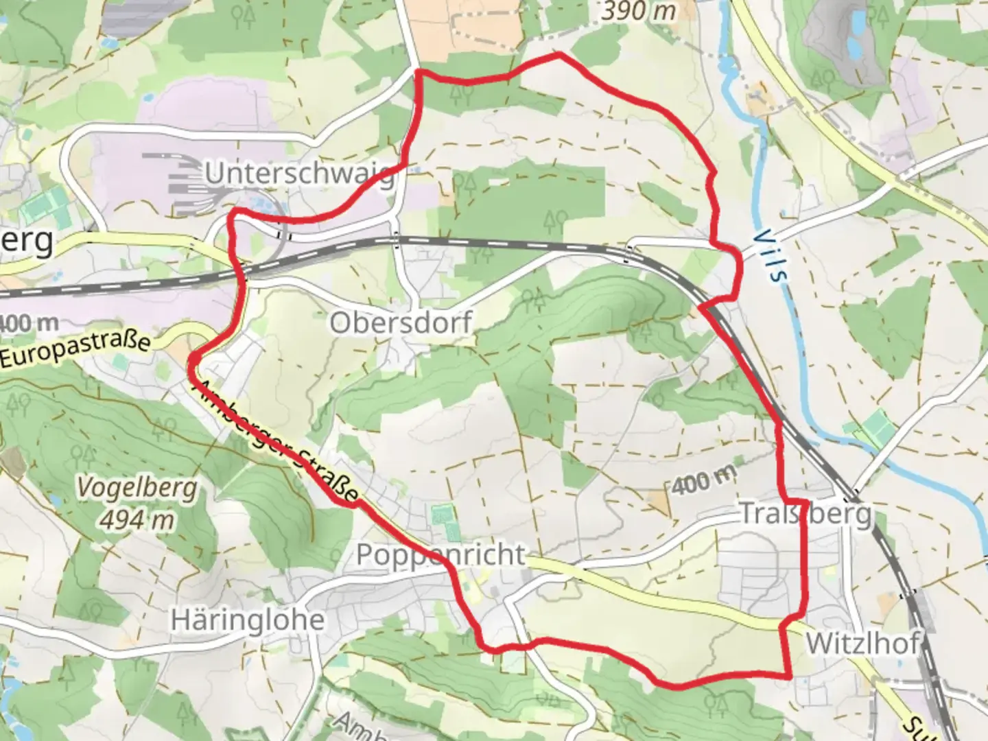 An image depicting the trail Vilstalwanderweg and Sulzbach Rosenberg 3 and its surrounding area.