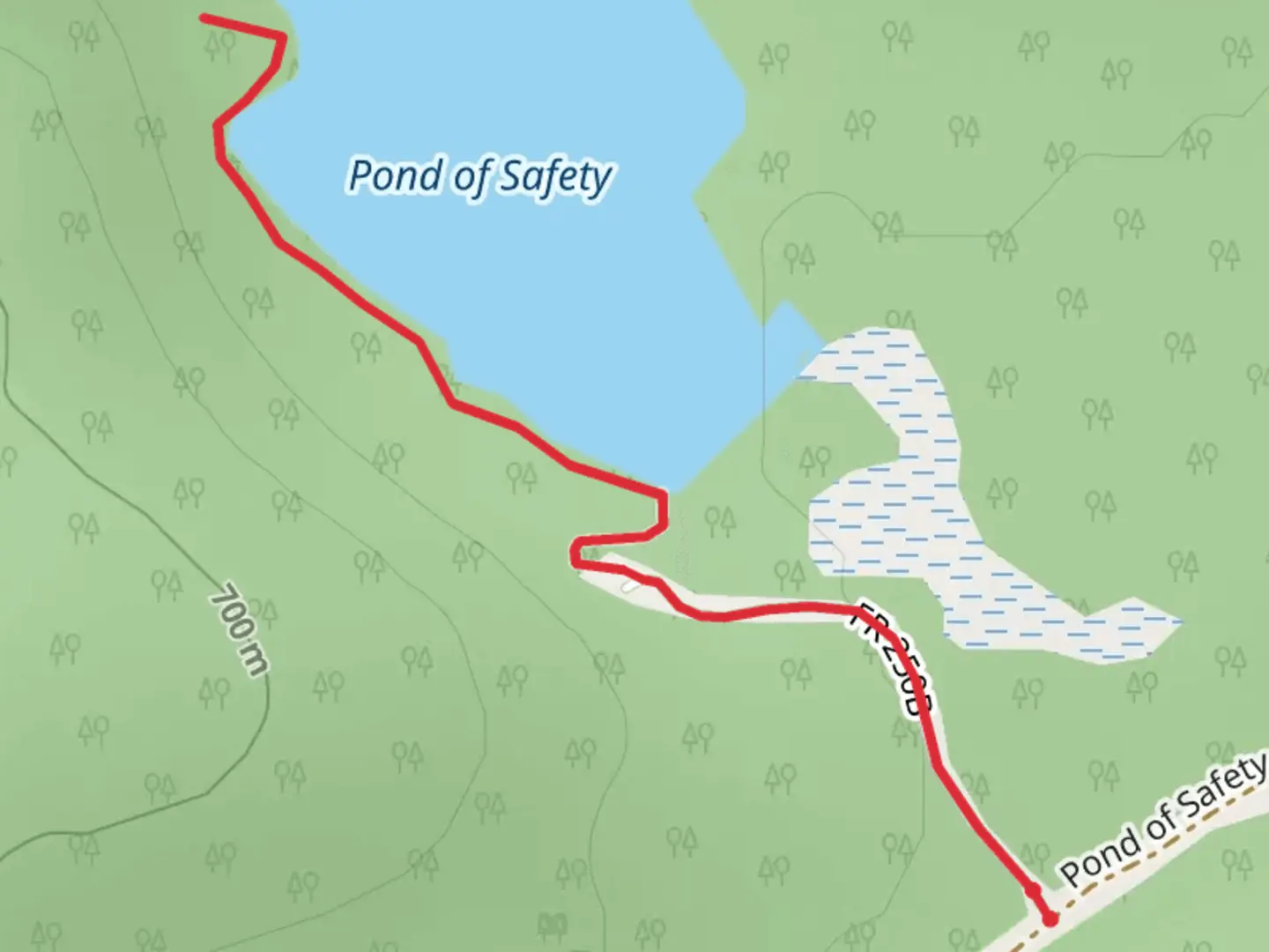 An image depicting the trail Pond of Safety Trail and its surrounding area.