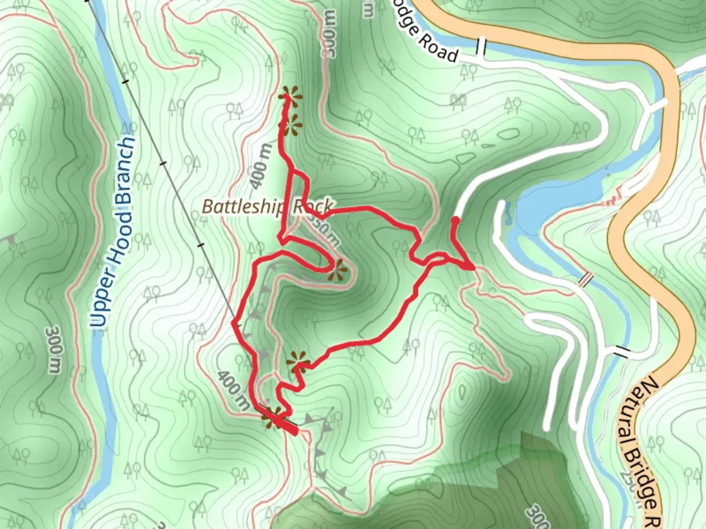 An image depicting the trail Battleship Rock, Laurel Ridge and Original Natural Bridge Loop Trail and its surrounding area.