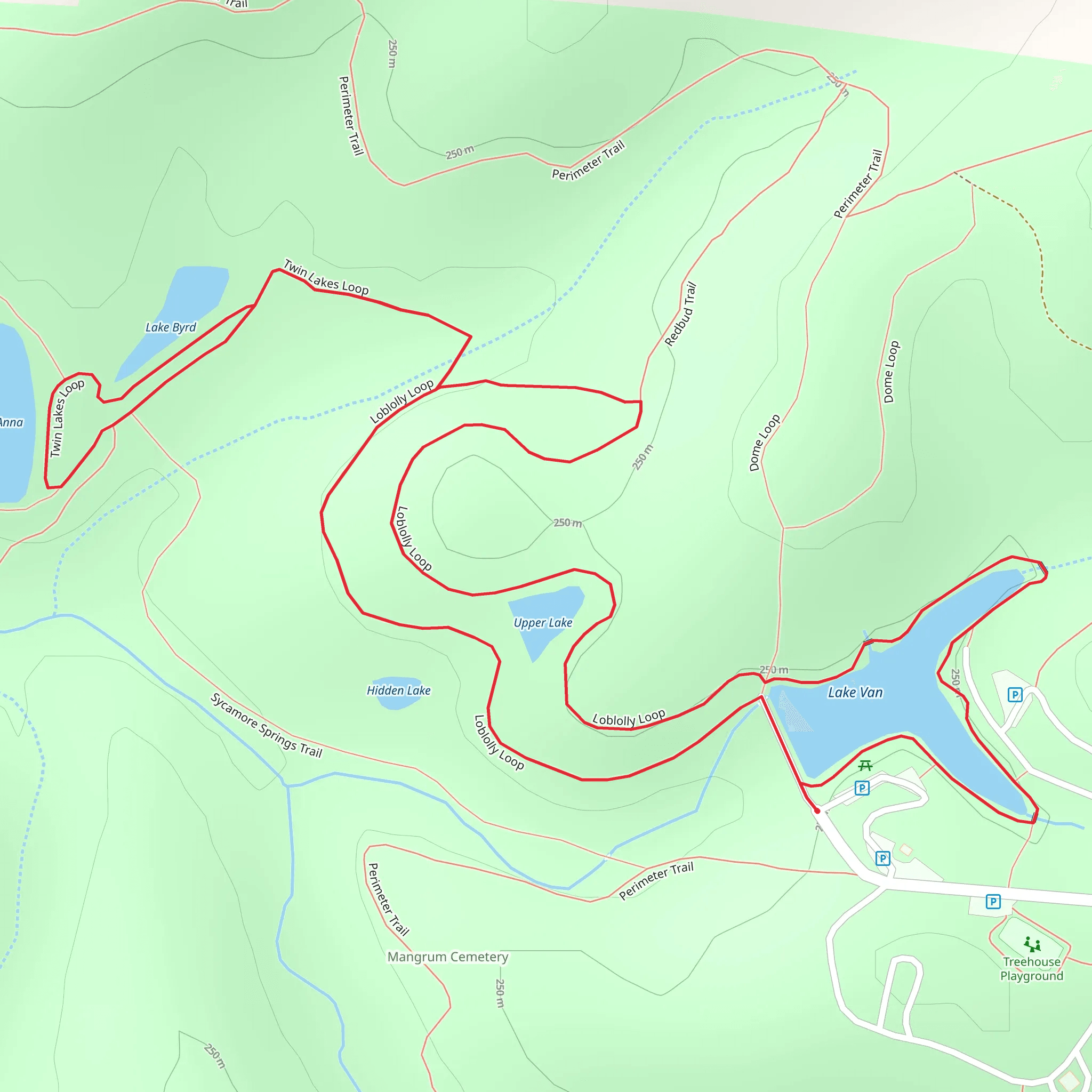 Lake Van and Lake Anna via Twin Lakes and Loblolly Loop mobile static map