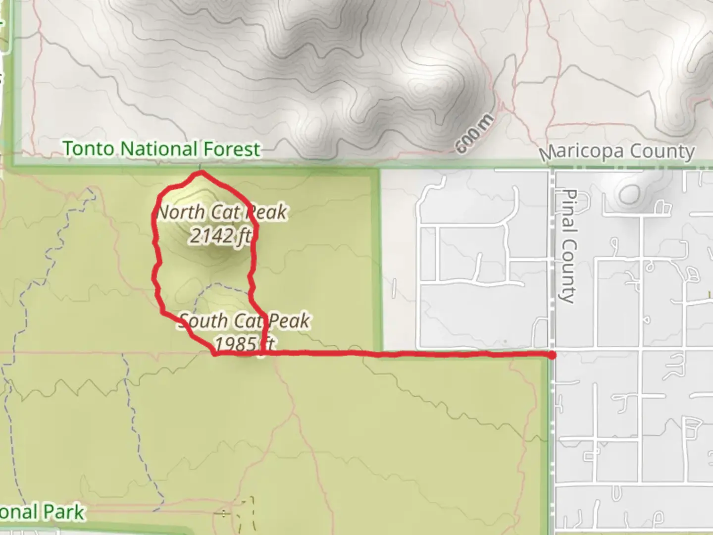 An image depicting the trail Cat's Peaks Loop via Meridian Trail and its surrounding area.