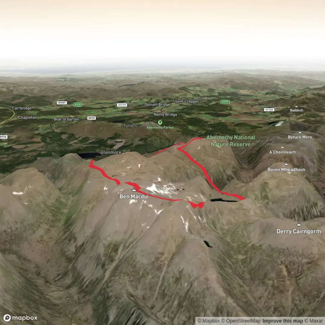An image depicting the trail Cairngorm and Ben Macdui Loop and its surrounding area.